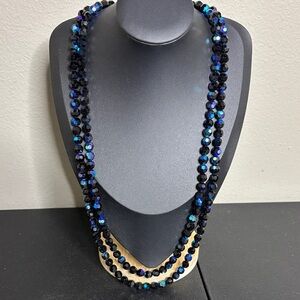Blue Aurora Borealis Vintage Double Strand Silver Clasp Rhinestone Necklace